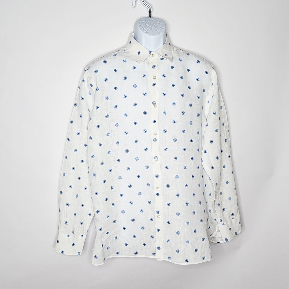 Murano Baird McNutt Irish Linen Shirt Mens Large Blue Geometric Tile White L